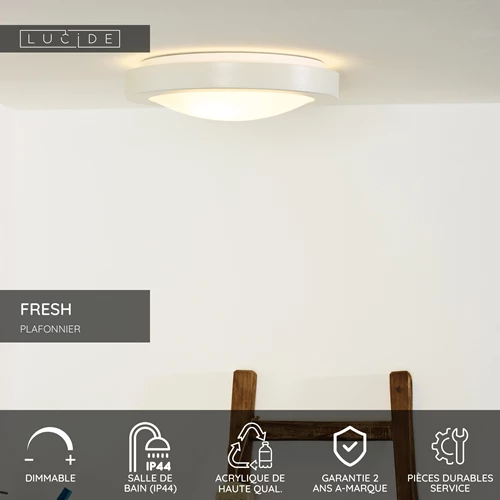 Lucide FRESH - Plafonnier Salle de bains - Ø 35 cm - 2xE27 - IP44 - Blanc - USP